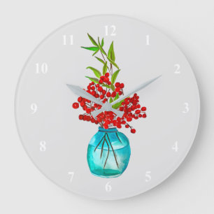 Grande Horloge Ronde Art de l'aquarelle des baies rouges de Noël