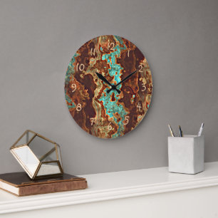 Grande Horloge Ronde Art de marbre géode marron aqua turquoise vert