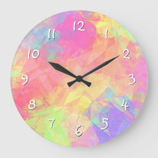 Grande Horloge Ronde Art de motif polygone rose lime vert violet bleu