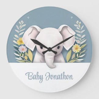Grande Horloge Ronde Art de nurserie personnalisé pour bébé éléphant