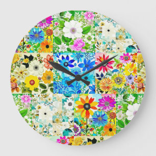 Grande Horloge Ronde Art de patchwork floral aquarelle fleurs
