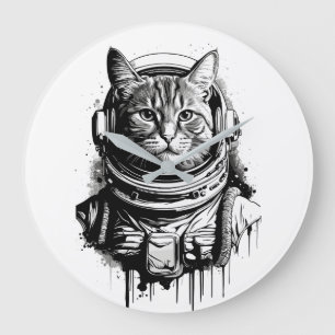 Grande Horloge Ronde Art de tatouage de chat astronaute