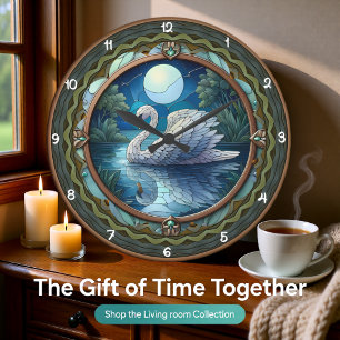 Grande Horloge Ronde Art de vitrail Cygne au clair de lune