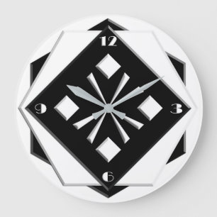 Grande Horloge Ronde Art Déco blanc sur motif géométrique noir
