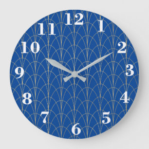 Grande Horloge Ronde Art Déco Bleu Et Blanc