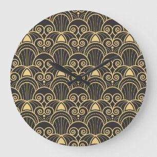 Grande Horloge Ronde Art Déco : Carreaux géométriques dorés.