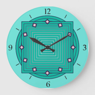 Grande Horloge Ronde Art déco géométrique, aqua et bleu turquoise