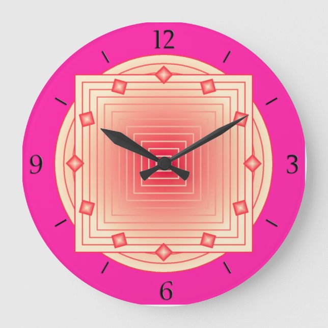 Grande Horloge Ronde Art déco géométrique, Fuchsia rose et corail (Recto)