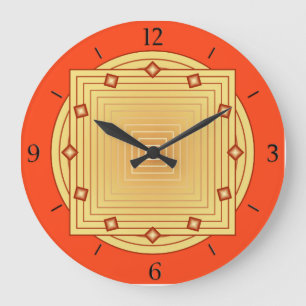 Grande Horloge Ronde Art déco géométrique, mandarin orange et jaune