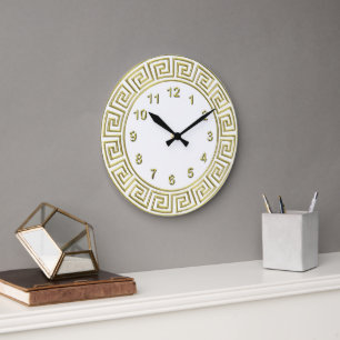 Grande Horloge Ronde Art Déco Gold Blanc Clé grecque Bordure or Marqueu