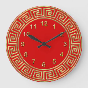 Grande Horloge Ronde Art Déco Gold Red Clé grecque Frontière Marqueurs