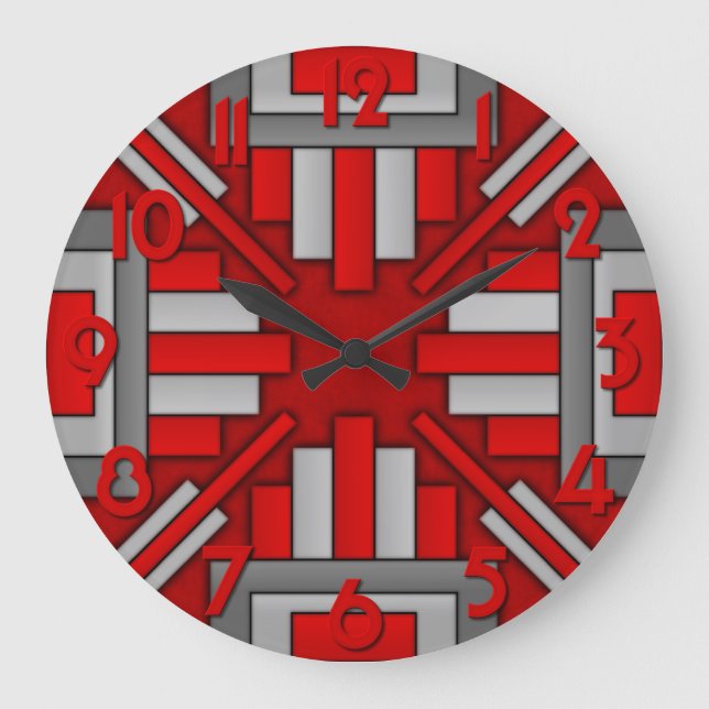 Grande Horloge Ronde Art Déco Gris rouge géométrique des années 1920 (Recto)