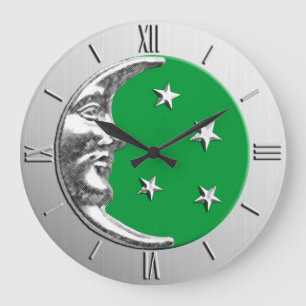Grande Horloge Ronde Art Déco Lune et Etoiles - Jade Green et Argent