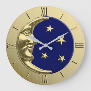 Grande Horloge Ronde Art Déco Lune et Etoiles - Marine Bleu et Or
