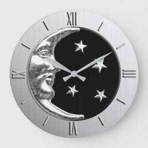 Grande Horloge Ronde Art déco Lune et étoiles - Noir et Argent