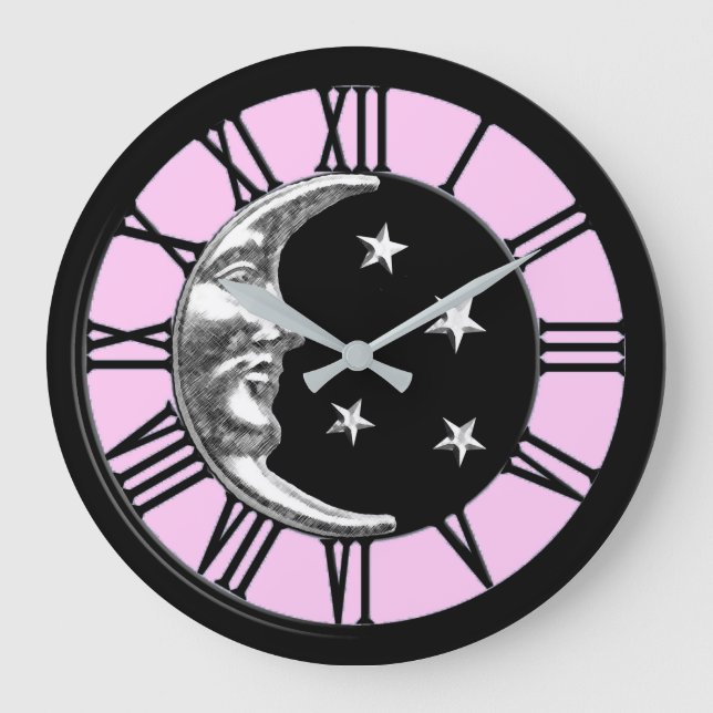 Grande Horloge Ronde Art Déco Lune et Etoiles - Noir, Rose et Argent (Recto)