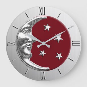 Grande Horloge Ronde Art Déco Lune et étoiles - Rouge foncé et argent