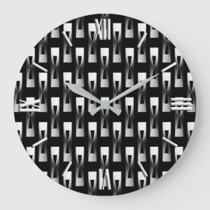 Grande Horloge Ronde Art Déco Métallo Géométrique - Argent et Noir