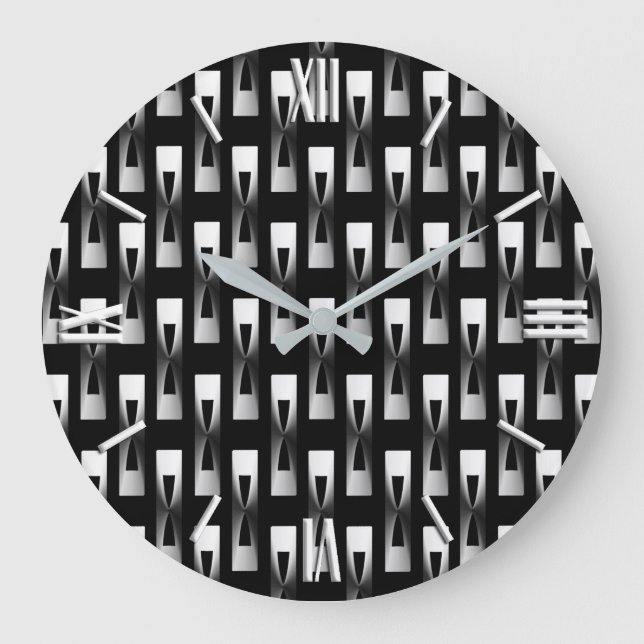 Grande Horloge Ronde Art Déco Métallo Géométrique - Argent et Noir (Recto)