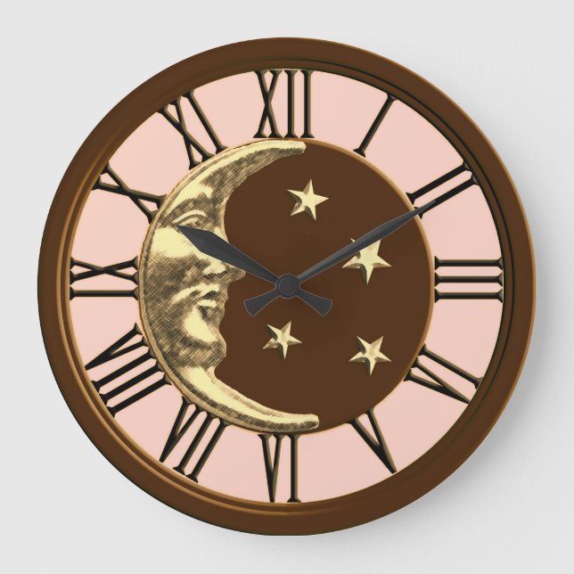 Grande Horloge Ronde Art Deco Moon and Stars - Peach, Brown & Gold (Recto)