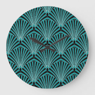 Grande Horloge Ronde Art Déco : motif ventilateur vert.