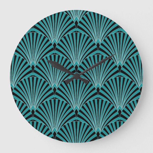 Grande Horloge Ronde Art Déco : motif ventilateur vert. (Recto)