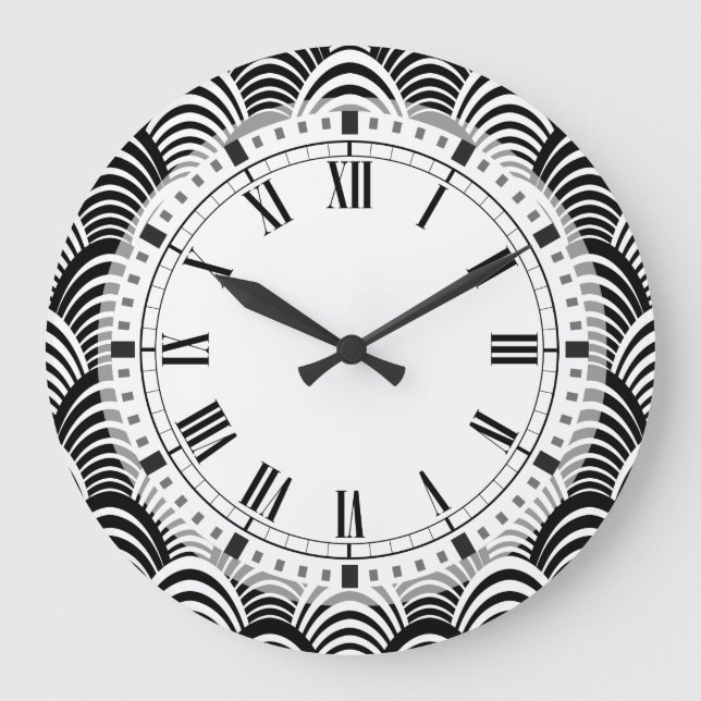 Grande Horloge Ronde Art déco noir et blanc Palm Frond Classic (Recto)
