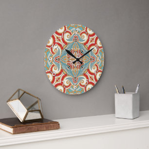 Grande Horloge Ronde Art en kaléidoscope rouge sarcelle gris bleu jaune