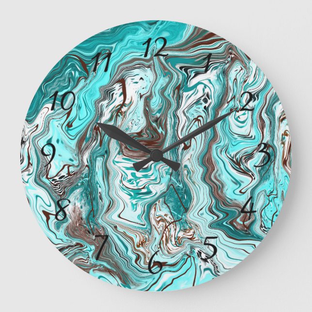 Grande Horloge Ronde Art fluide en marbre turquoise et noir (Recto)