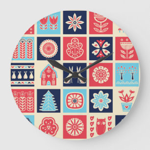 Grande Horloge Ronde Art folklorique scandinave : vintage floral.