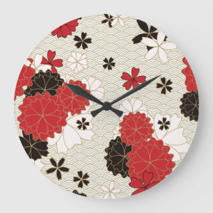 Grande Horloge Ronde Art Japonais Modèle Floral Traditionnel