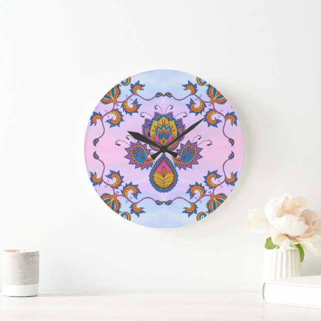 Grande Horloge Ronde Art Mehndi Bleu et Violet, Bliss Floraux Bleus (Maison)