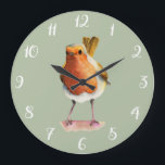 Grande Horloge Ronde Art mignon d'aquarelle d'oiseau rouge de Robin<br><div class="desc">C'est une peinture d'aquarelle d'un merle sur une branche d'arbre. C'est queue est dans le ciel.</div>