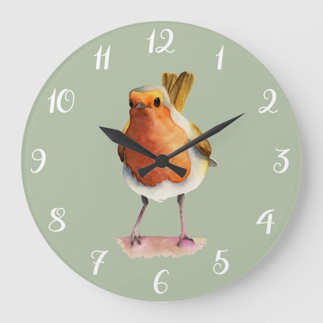 Grande Horloge Ronde Art mignon d'aquarelle d'oiseau rouge de Robin (Recto)