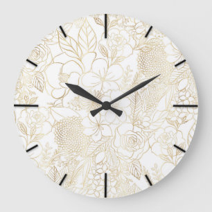 Grande Horloge Ronde Art moderne Gold White Floral Doodles