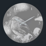 Grande Horloge Ronde Art moderne gris et blanc Robin des oiseaux photo<br><div class="desc">Robin gris et blanc moderne,  rouge,  horloge photo art</div>