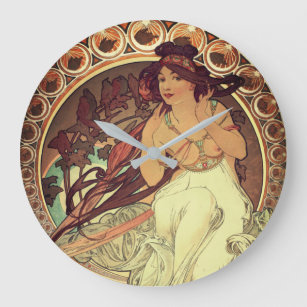 Grande Horloge Ronde Art nouveau Alphonse Mucha élégante femme vintage