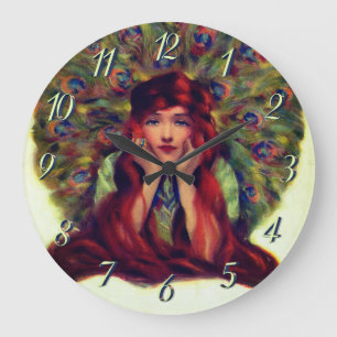 Grande Horloge Ronde Art nouveau déco élégante femme paon plumes