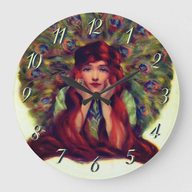 Grande Horloge Ronde Art nouveau déco élégante femme paon plumes (Recto)