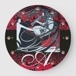 Grande Horloge Ronde ART NOUVEAU FAUN Bourgogne rouge, Damas noir