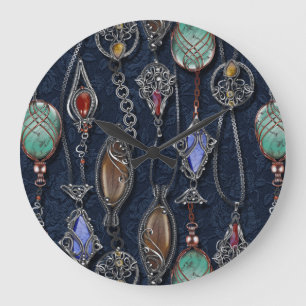 Grande Horloge Ronde Art Nouveau Floral : Denim Elegance.