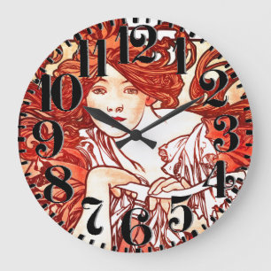 Grande Horloge Ronde Art Nouveau Mucha Lady Bike Big Number Wall Clock