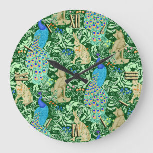 Grande Horloge Ronde Art Nouveau Peacock Print, Cobalt Blue & Green