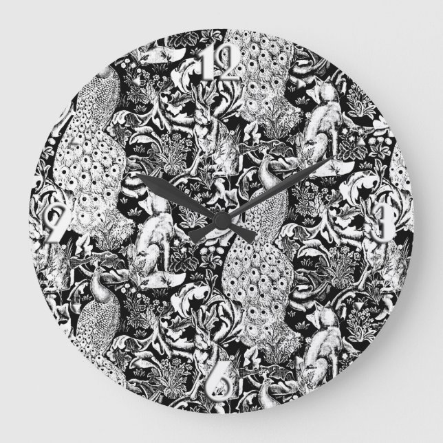 Grande Horloge Ronde Art Nouveau Peacock Print, noir et blanc (Recto)