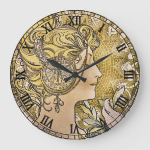 Grande Horloge Ronde Art nouveau vintage "La Plume" de Mucha