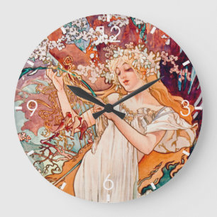 Grande Horloge Ronde Art Nouveau vintage printemps par Alphonse Mucha