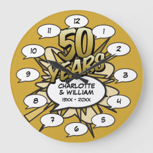 Grande Horloge Ronde Art Pop Bande Dessinée 50e Anniversaire Doré