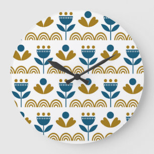 Grande Horloge Ronde Art populaire scandinave, motif coloré.