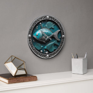Grande Horloge Ronde Art sculpté Poissons Vert-de-gris