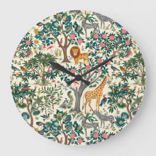 Grande Horloge Ronde art vintage, girafes zébrées, flamants, oiseaux, l